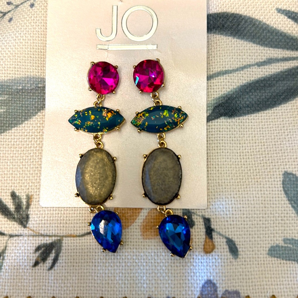 3 1/4 inch long pink, green, blue and earth tone earrings